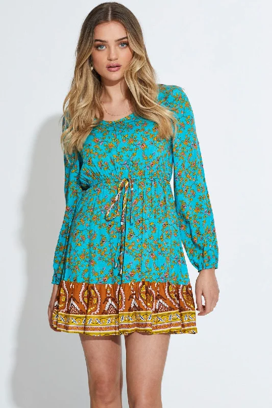 Print Mini Dress Long Sleeve V Neck