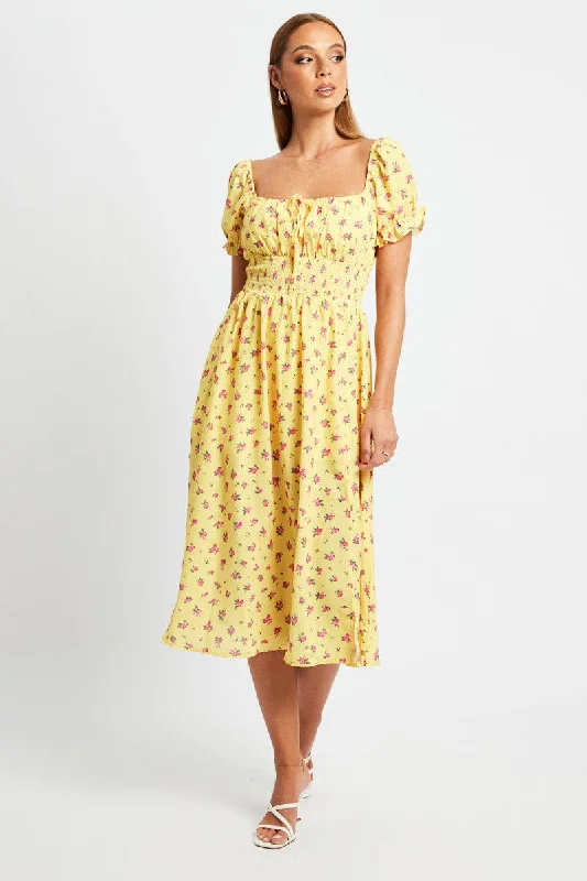 Yellow Floral Midi Dress Short Sleeve Ruched Bust