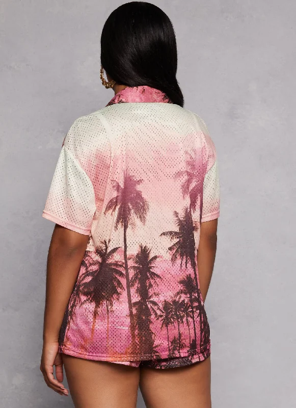 Palm Tree Print Button Front Top