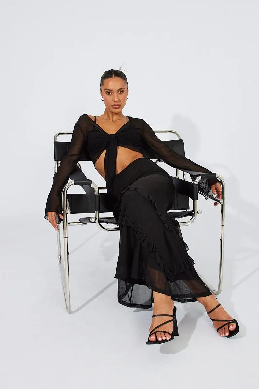 Black Maxi Skirt Mesh Asymmetric Ruffle