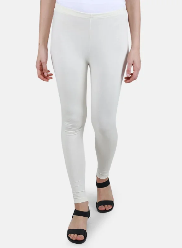 Women Off White Solid Legging